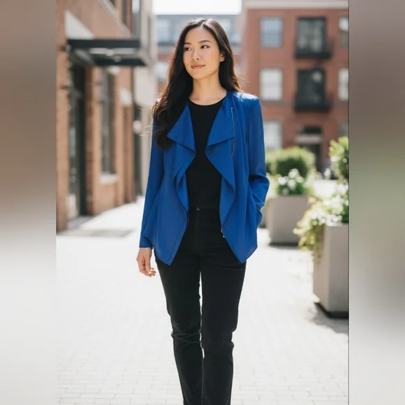 BCBGMaxAzria Flora Ruffle Silky Zip Blazer Draped Open-Front Shirt Jacket Small - Picture 2 of 11